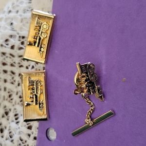 Vintage Train Locomotive Tie Tack and Cuff Links